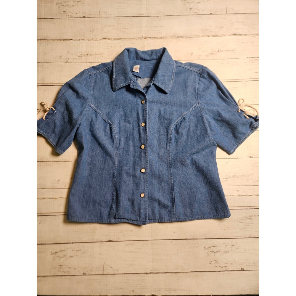 Vintage Denim Short Sleeve Button Up Shirt Blue Lace Up Sleeve Made in USA M